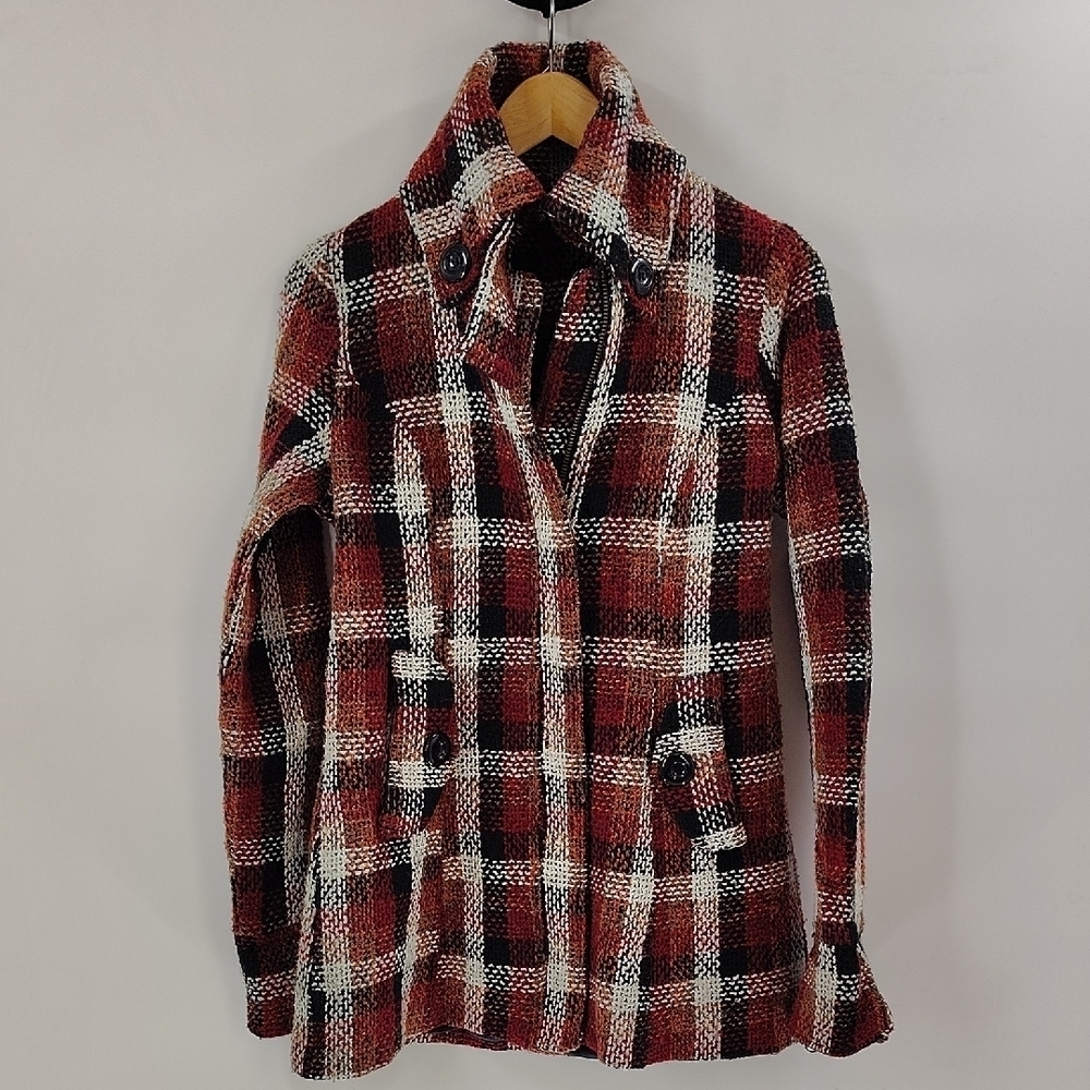 Love Stitch Women's Pea Coat Medium Plaid Black Red White Long Sleeve